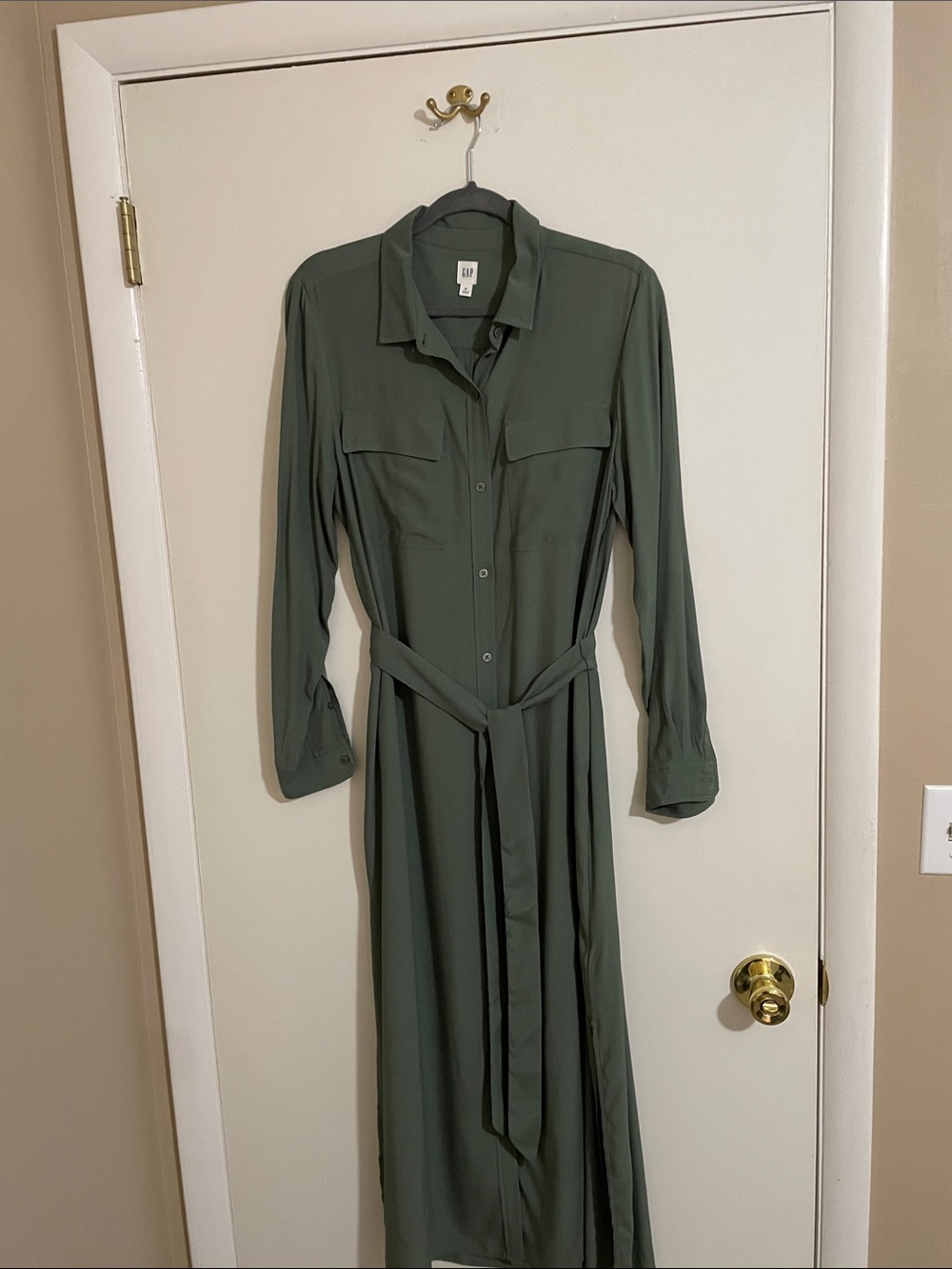GAP Olive Midi Shirt Dress with Tie Waist